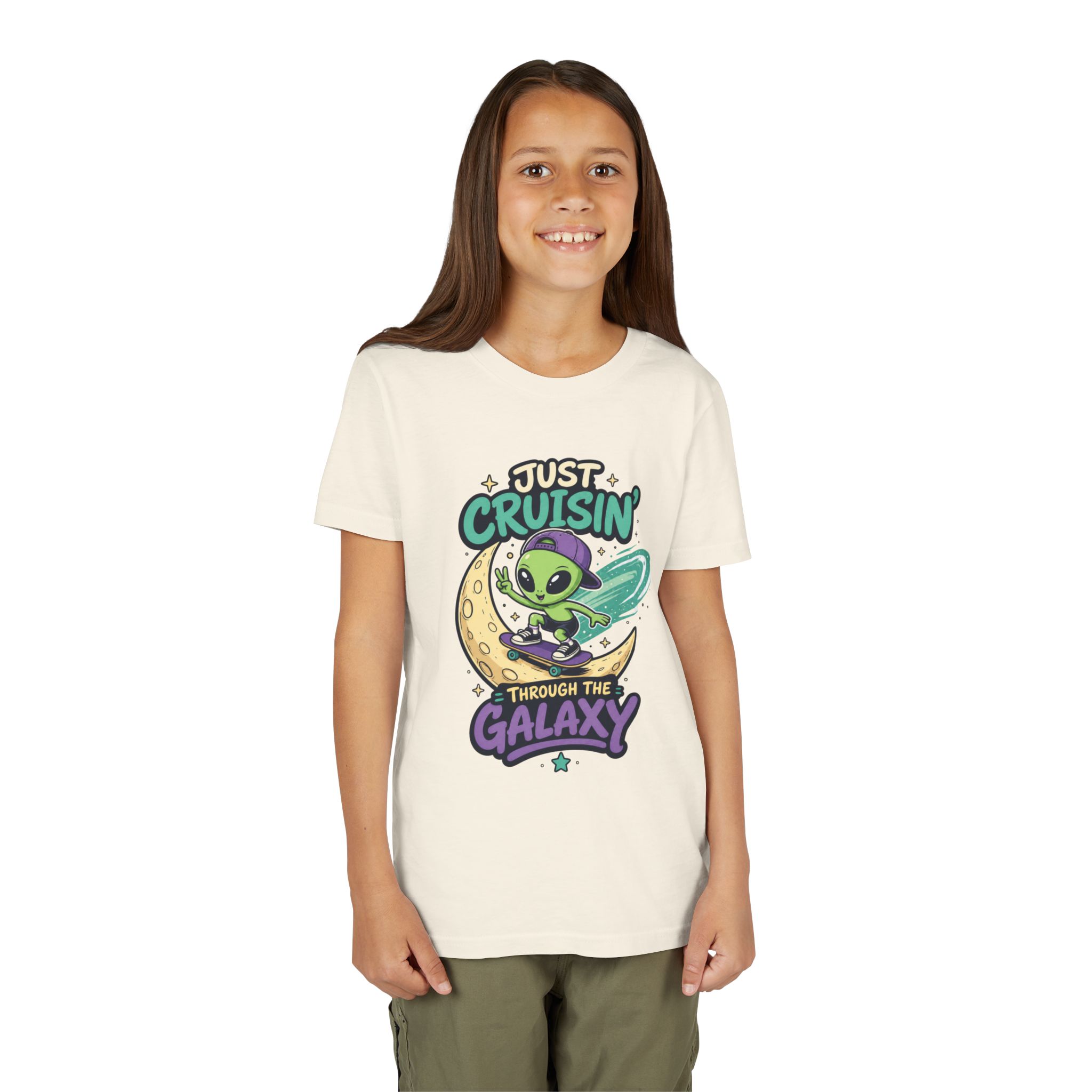 Youth Tee — “Just Cruisin' Through the Galaxy” Alien Skateboarding Space Shirt - Image 8