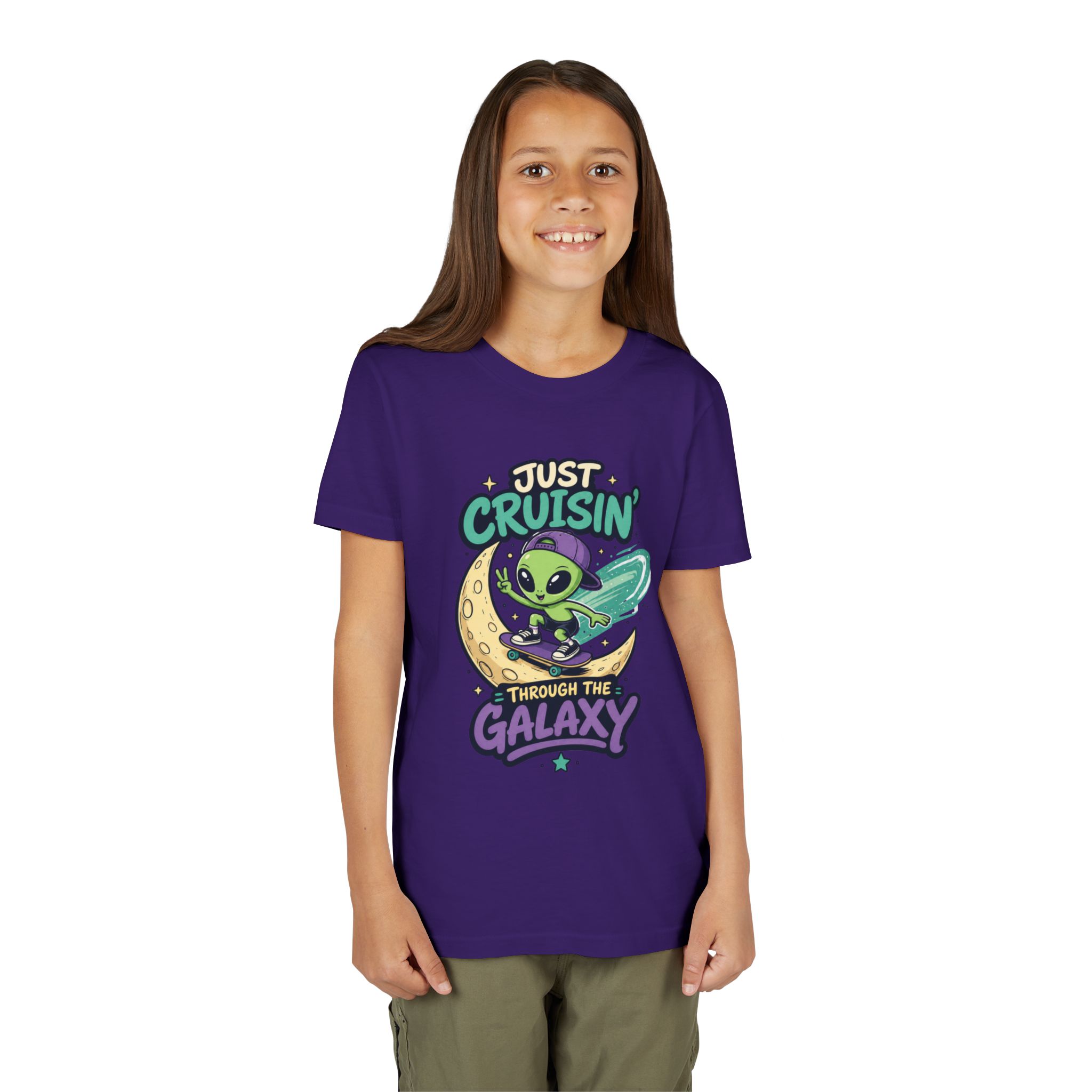 Youth Tee — “Just Cruisin' Through the Galaxy” Alien Skateboarding Space Shirt - Image 10