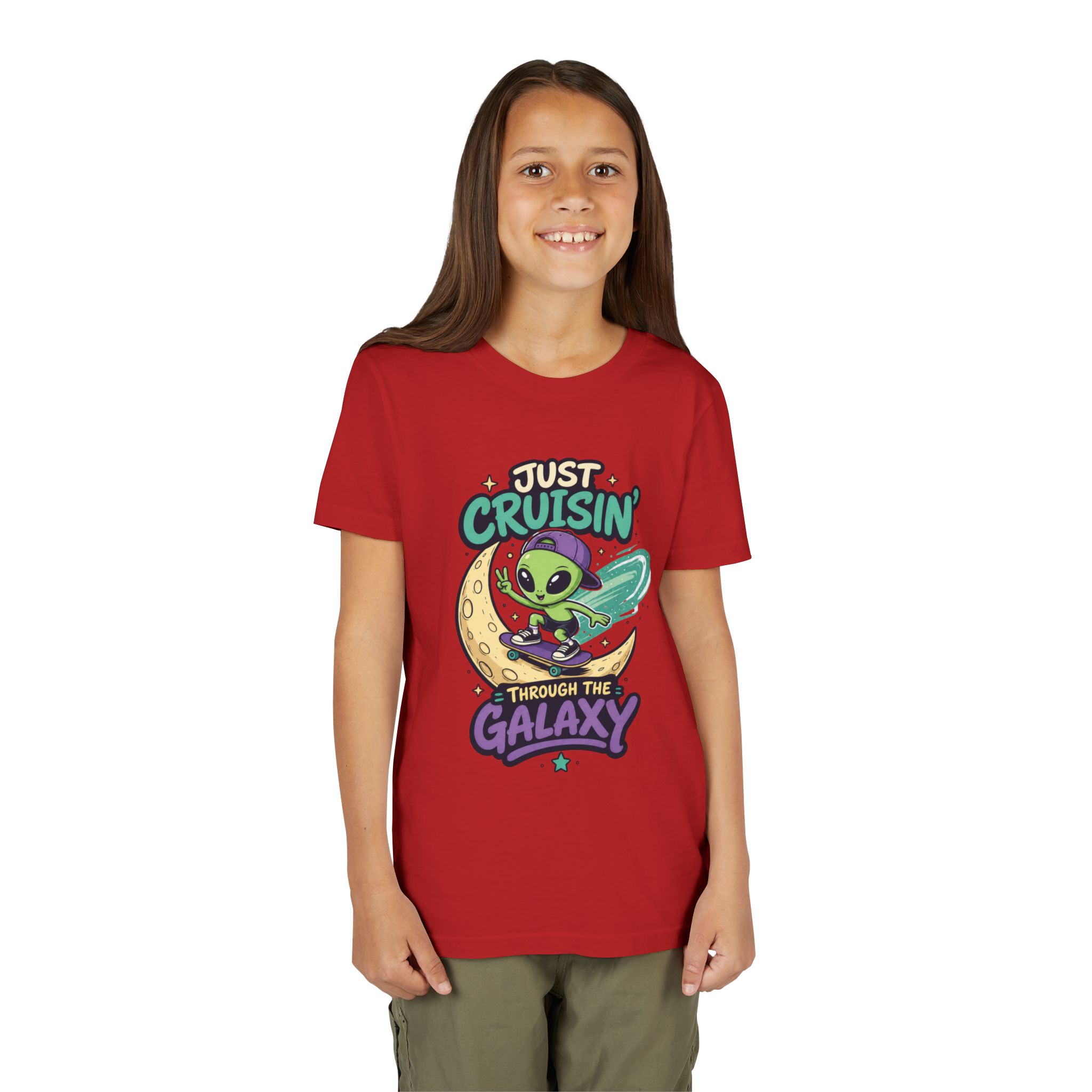 Youth Tee — “Just Cruisin' Through the Galaxy” Alien Skateboarding Space Shirt - Image 16
