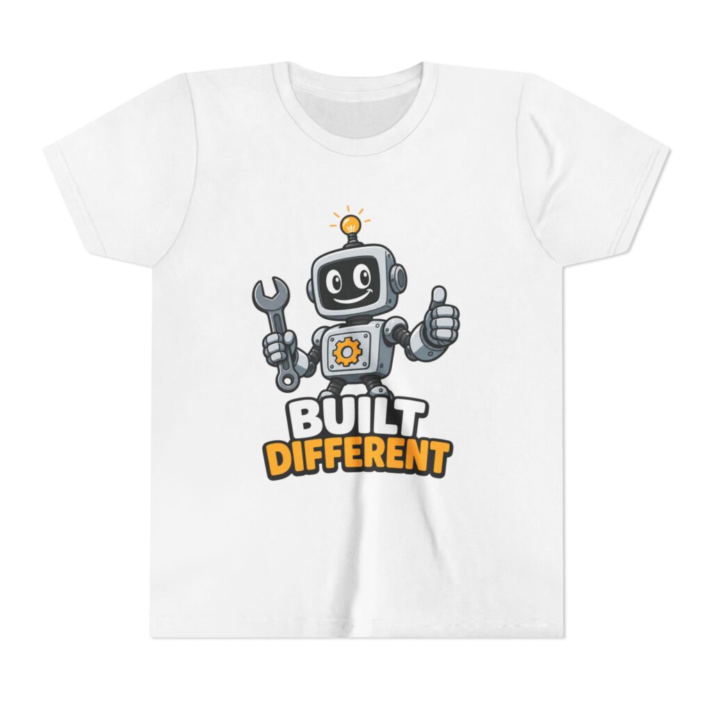 Youth Tee — 'Built Different' Robot Graphic