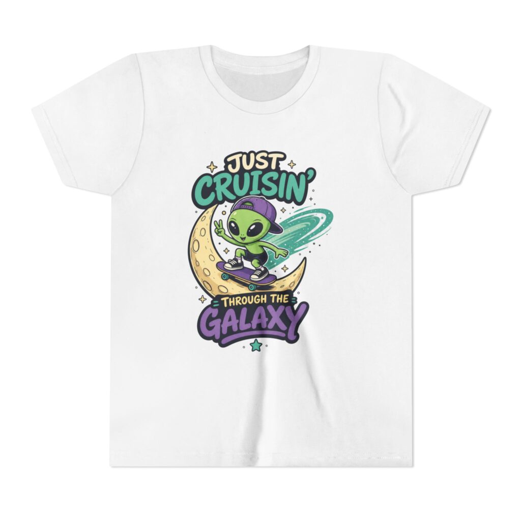 Youth Tee — “Just Cruisin' Through the Galaxy” Alien Skateboarding Space Shirt