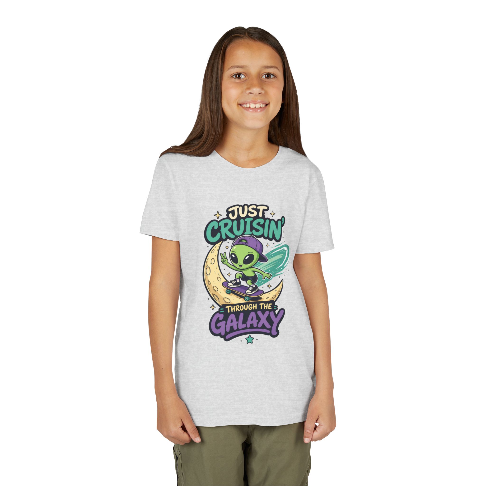 Youth Tee — “Just Cruisin' Through the Galaxy” Alien Skateboarding Space Shirt - Image 4
