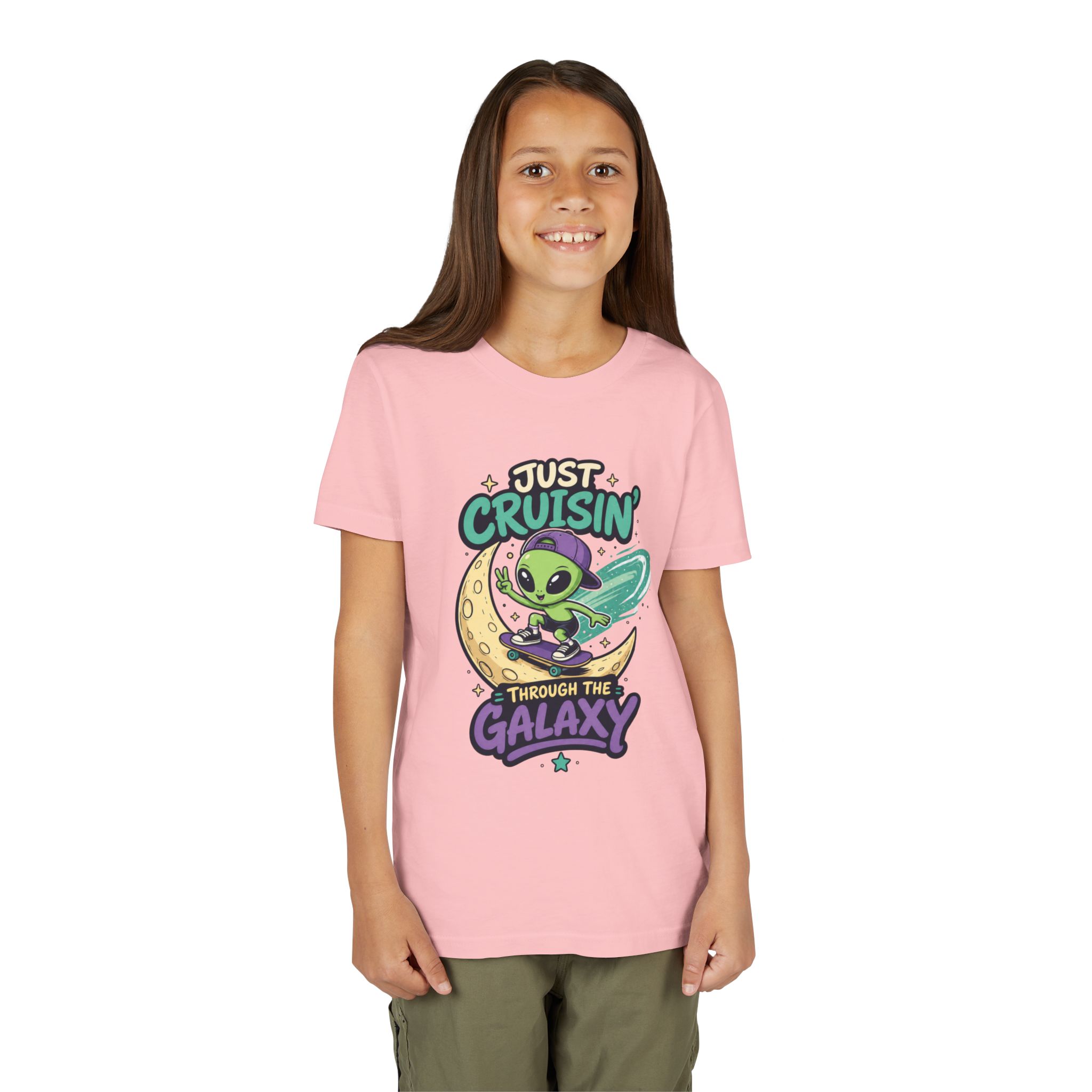 Youth Tee — “Just Cruisin' Through the Galaxy” Alien Skateboarding Space Shirt - Image 14