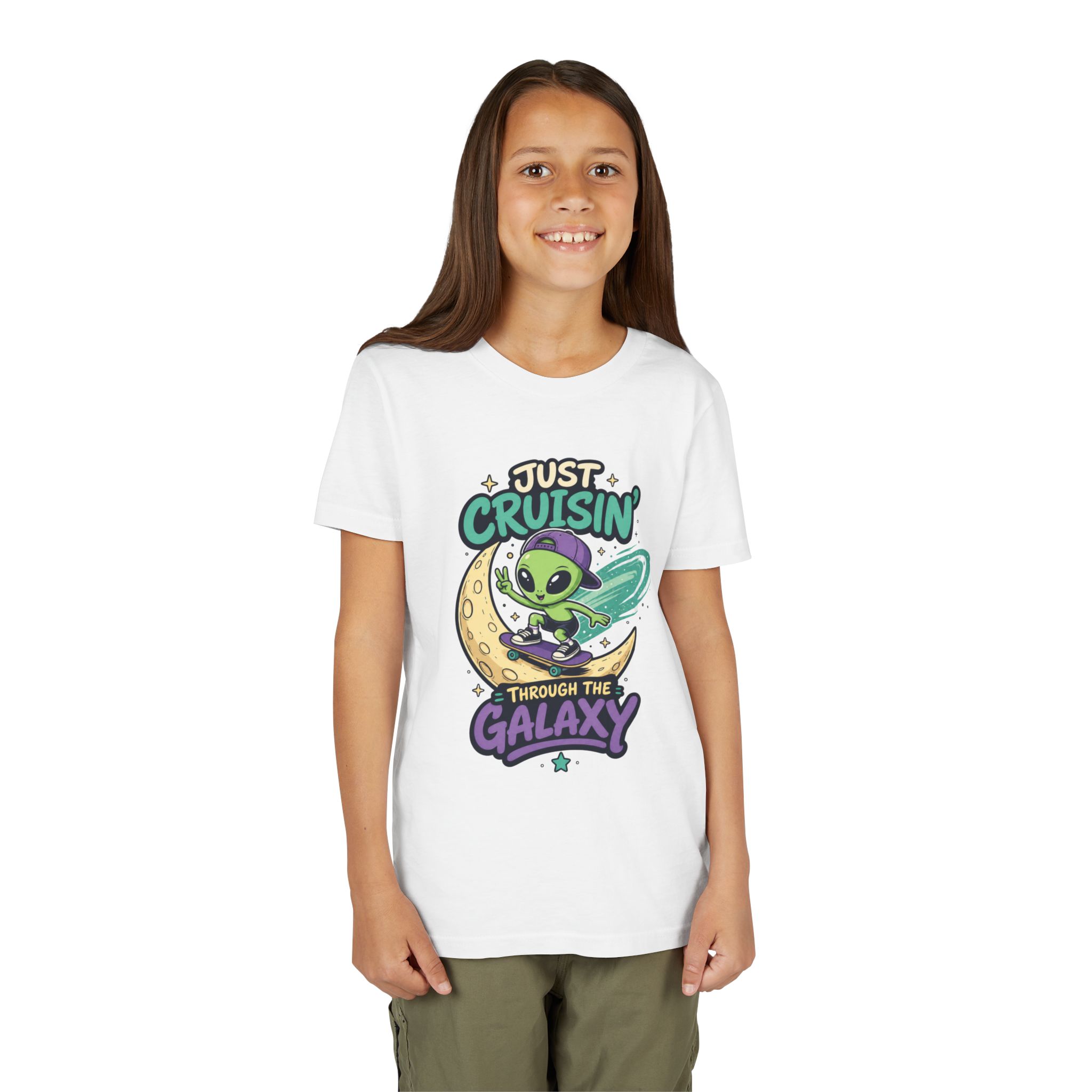 Youth Tee — “Just Cruisin' Through the Galaxy” Alien Skateboarding Space Shirt - Image 2