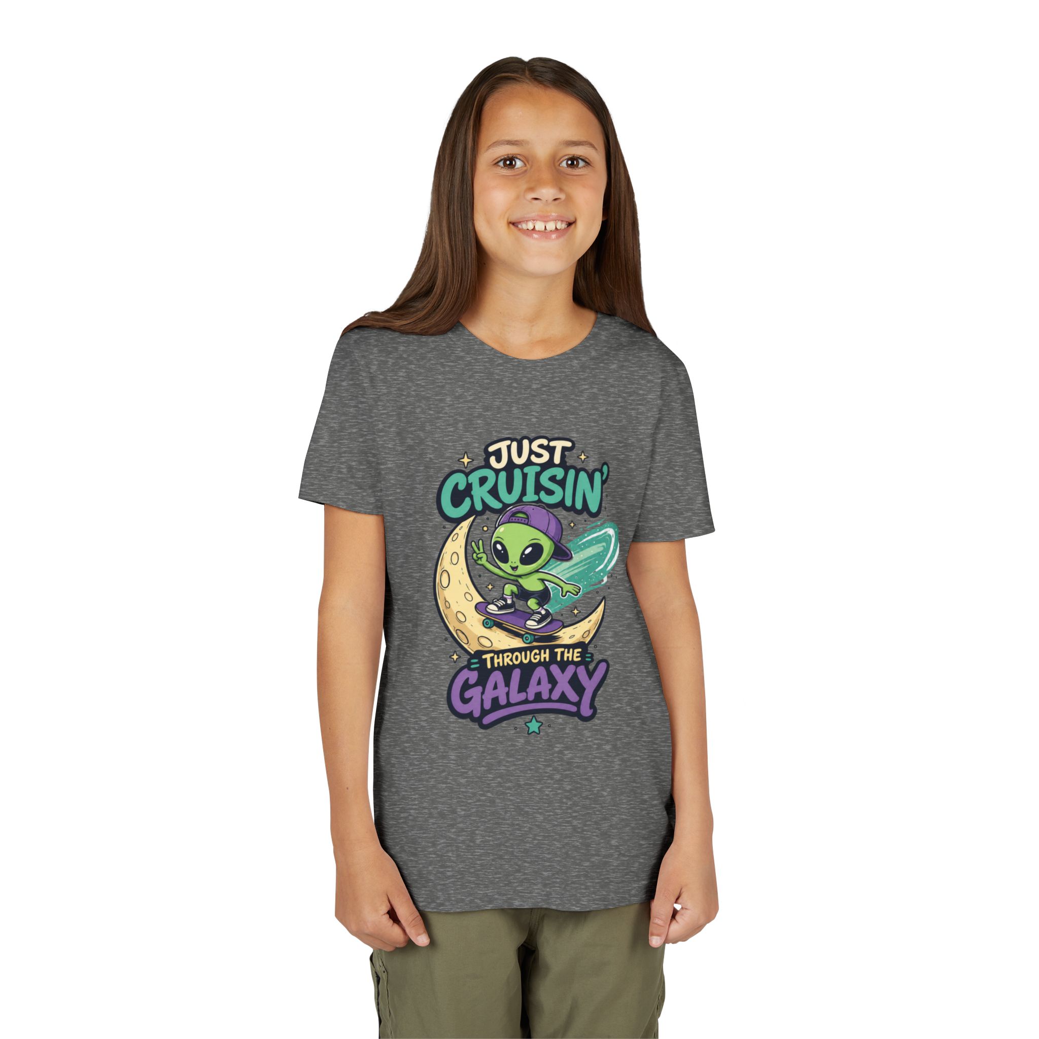 Youth Tee — “Just Cruisin' Through the Galaxy” Alien Skateboarding Space Shirt - Image 6