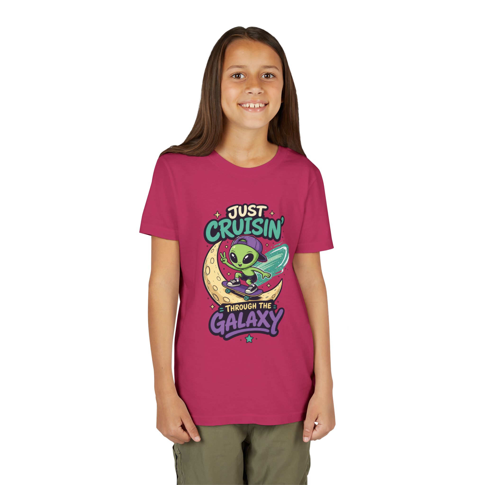 Youth Tee — “Just Cruisin' Through the Galaxy” Alien Skateboarding Space Shirt - Image 12